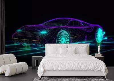 Car line illustration. Car outline. Dark background. Colorful lines. Dots glowing neon light. Generative ai Wall mural