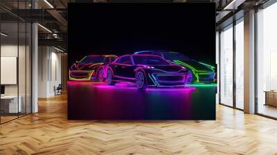 Cars line illustration. Car outline. Dark background. Colorful lines. Dots glowing neon light. Generative ai Wall mural