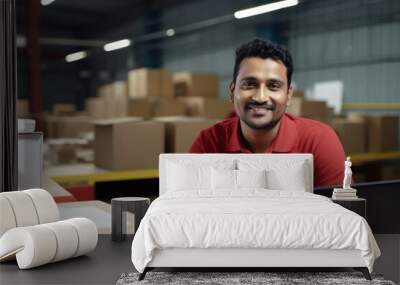 Indian man in red shirt in delivery service warehouse, looking at camera, sitting at office desk with laptop. Using a laptop while working. Generative ai. Wall mural