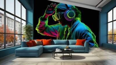 Stylish fashion teenager wearing headphones listening dj music in neon lights. Generative ai. Wall mural