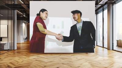 business partners shaking hands after concluding a business presentation finished. Business man and woman standing in front of Infographics Animation on Big Screen. Business to succeed concept. Wall mural