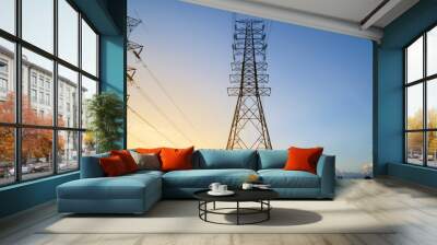 High voltage electricity pylon system, Electricity transmission power lines at sunset Wall mural