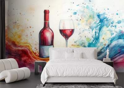 a dynamic and vibrant abstract watercolor illustration of a red wine bottle and glass swirling with rainbow colors, symbolizing celebration Wall mural