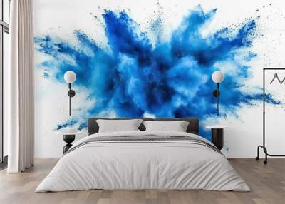 abstract explosion of blue powder on a white background, capturing the dynamic movement and colorful cloud effect in a striking artistic representation Wall mural