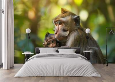 adorable baby macaque monkey clinging to mother in bali jungle wildlife photography Wall mural