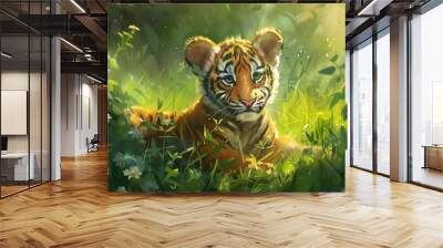 adorable baby tiger cub playing in lush green field cute wildlife animal illustration digital painting Wall mural