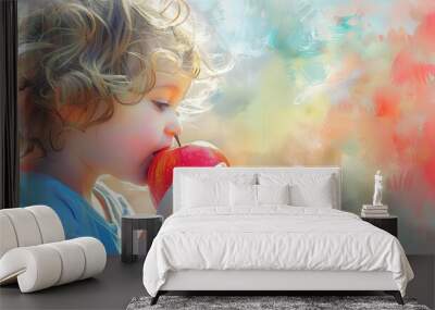 adorable toddler enjoying a fresh juicy red apple healthy eating habits digital painting Wall mural