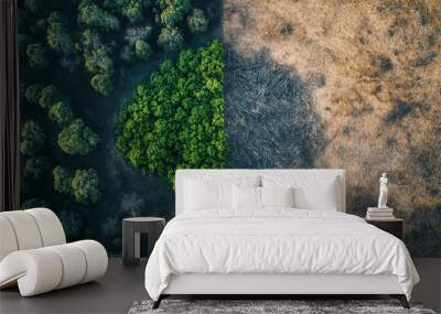 aerial view of deforestation half lush forest and half barren land environmental contrast dramatic lighting Wall mural