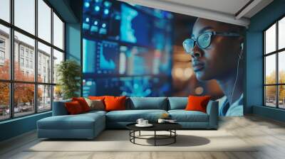 african american female it specialist analyzing cyber security threats with ai futuristic technology concept Wall mural