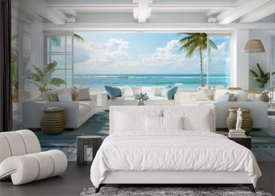 airy coastal living room with panoramic ocean views bright and inviting beach house interior design serene modern home decor 3d illustration Wall mural