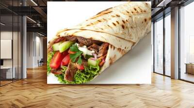 appetizing shawarma wrap with juicy meat fresh vegetables and savory sauces middle eastern fast food cutout on white background realistic 3d render Wall mural