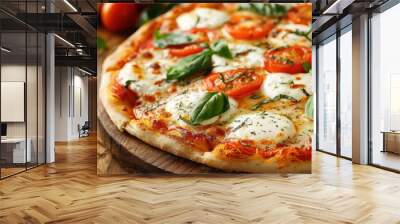 artisanal margherita pizza showcasing a perfect balance of fresh mozzarella vibrant tomatoes and aromatic basil on a rustic wooden surface Wall mural