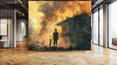 asian man and child in despair ruins of burning house tense scene of home loss digital painting Wall mural