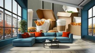 assortment of fast food boxes in recycled packaging delivery mockup with coffee cups and snacks Wall mural