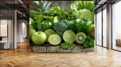 assortment of fresh green fruits and vegetables on rustic wooden table Wall mural