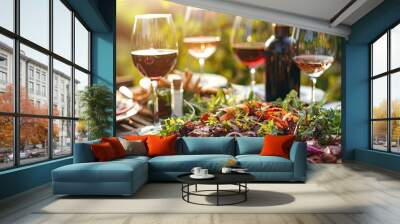 backyard bbq dinner party happy people enjoying tasty grilled meat salads and wine outdoors Wall mural