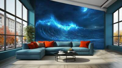 bioluminescent tidal wave under full moon glowing plankton ethereal ocean spirits emerging dreamlike seascape surreal night sky Wall mural