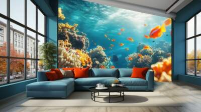 breathtaking underwater scene teeming with colorful marine life vibrant coral reefs schools of tropical fish and crystalclear turquoise waters create a mesmerizing seascape Wall mural