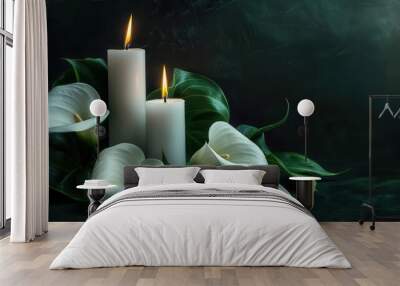 burning candles and elegant calla lilies on black funeral concept still life digital art Wall mural