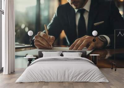 businessman seated at a desk, confidently signing a contract, with focused determination and professionalism, capturing the essence of corporate decision-making and partnership agreements Wall mural