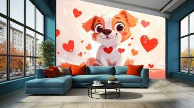 charming illustration of a lovable dog adorned with hearts for valentine's day, radiating joy and affection, ideal for celebrating love and companionship Wall mural