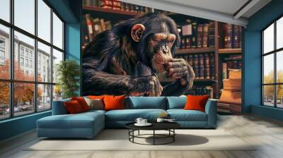 chimpanzee at library intelligent primate reading books surreal animal concept illustration Wall mural