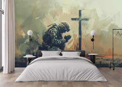 christian soldier praying with cross spiritual warfare concept faith and religion digital painting Wall mural