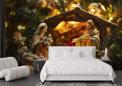 Christmas nativity scene depicting the holy family in a traditional setting With a focus on the warmth and spiritual significance of the holiday Wall mural