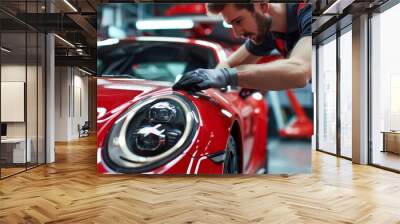 closeup of auto body mechanic carefully buffing scratch on red sports car professional vehicle repair service Wall mural