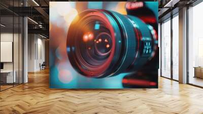 closeup of professional video camera lens with lens flare filmmaking and videography concept Wall mural