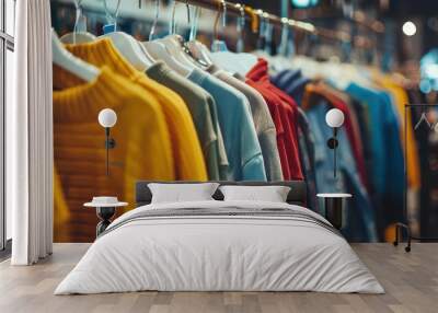 clothes hanging on rack in retail clothing store fashion and shopping concept Wall mural