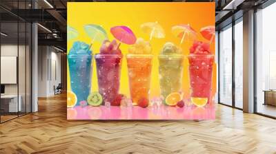 colorful iced fruit slush or smoothie dispensers for refreshing summer drinks vibrant multicolored containers digital illustration Wall mural