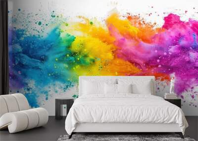 Colorful paint splashes and powder explosions Symbolizing creativity Energy And the vibrant festival of holi On an isolated white background Wall mural