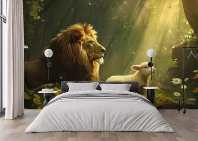 conceptual digital illustration of a lion and lamb in paradise symbolic representation of christ Wall mural