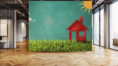 conceptual ecofriendly home illustration featuring a minimalist house icon on a lush green lawn with a vibrant sun overhead symbolizing sustainable living and green architecture Wall mural