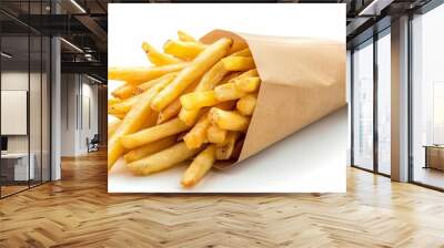 crispy golden french fries in paper wrapper fast food isolated on white Wall mural