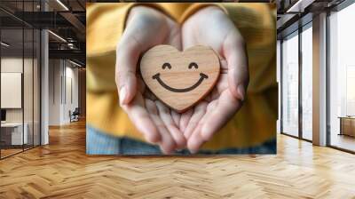 customer satisfaction rating volunteer hands holding wooden heart with smiley face icon service concept illustration Wall mural