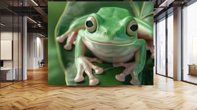 cute green tree frog sitting on leaf realistic ai generated animal illustration Wall mural