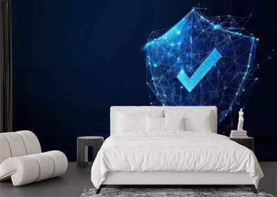 dark blue wireframe shield with checkmark secure cybersecurity symbol concept Wall mural