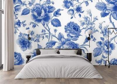 delicate vintage blue french floral toile pattern seamless vector illustration Wall mural