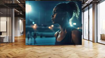 determined female athlete training intensely in illuminated stadium at night sports Wall mural