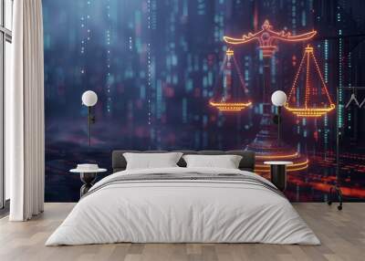 digital law concept with scales of justice on data center background glowing binary code 3d illustration Wall mural