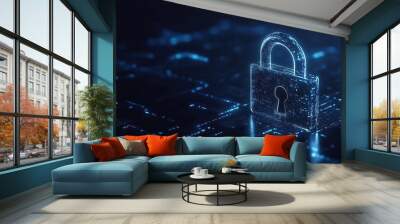 digital padlock on dark blue background cyber security technology concept for data protection Wall mural