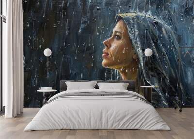 dramatic portrait of biblical woman in rain looking to heavens for guidance oil painting Wall mural