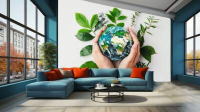 earthly embrace hands holding globe with lush green foliage world environment day concept white background Wall mural