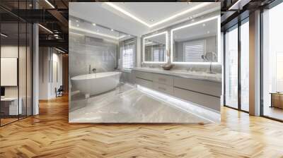 Elegant bathroom design featuring sleek grey marble Contemporary led lighting A stylish double vanity And a luxurious freestanding tub Wall mural