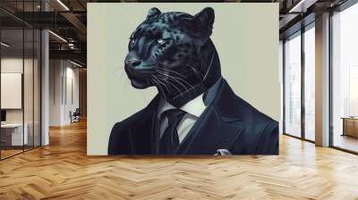 elegant black panther in modern suit and tie anthropomorphic fashion portrait digital art Wall mural