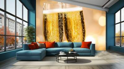 elegant champagne flutes clinking in toast effervescent bubbles rising in golden liquid soft focus background suggests romantic or celebratory setting Wall mural