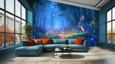 enchanted forest at night with glowing rabbit and fireflies magical fantasy landscape digital painting Wall mural