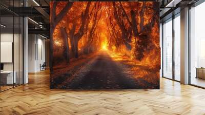 enchanting poplar tree tunnel illuminated by fiery sunset sky natures majestic canvas Wall mural